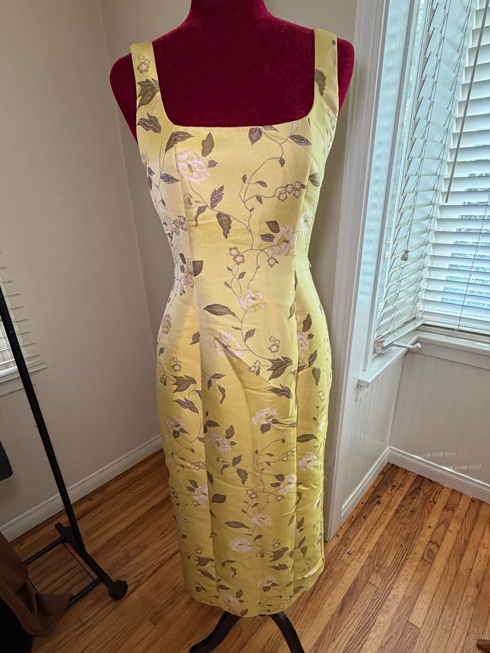 STAUD Yellow Floral Midi Dress with Square Neck